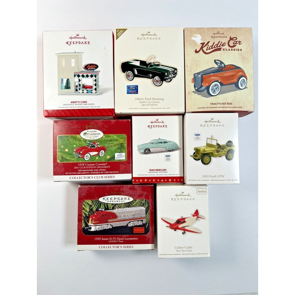 Lot of 8 Hallmark Ornaments - Vintage Cars, Hot Rods, Culver Cadet, Lionel Train